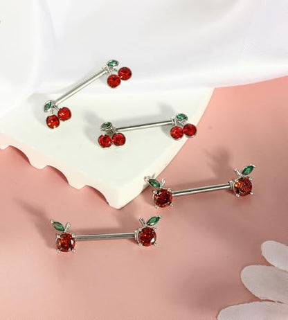 Suotarn 14G INNINipple Rings for Women 316L Stainless Steel Heart Cherry,Star Butterfly Nipple Barbell CZ Cute Nipple Rings Set Nipplerings Piercing Jewelry - color: red