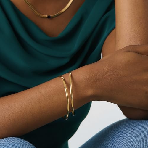 PERNNLA PEARL Dainty Gold Bar Bracelet for Women Simple Delicate Thin Cuff Bangle Hook Bracelet 18K Gold Plated Handmade Minimalist Jewelry - color: 33.Two Circles
