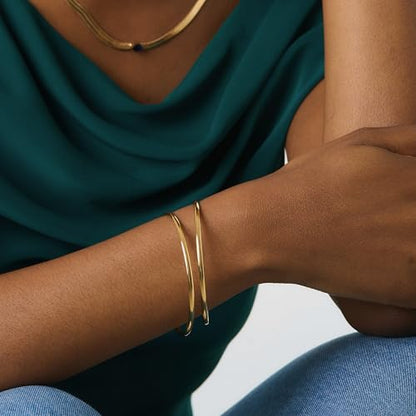 PERNNLA PEARL Dainty Gold Bar Bracelet for Women Simple Delicate Thin Cuff Bangle Hook Bracelet 18K Gold Plated Handmade Minimalist Jewelry - color: 33.Two Circles