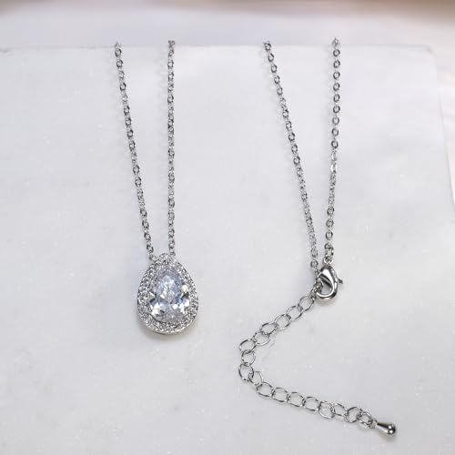 Teardrop Cubic Zirconia Jewelry Set for Women Wedding Prom Bridesmaid Gift | Sparkle Necklace Earrings Bracelet, Bride Formal Party Jewelry - color: White Gold