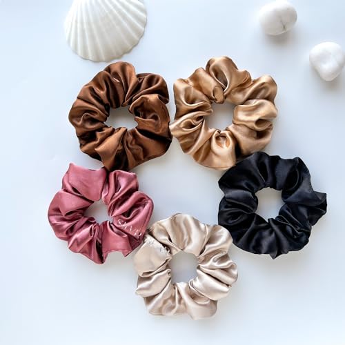 SILVR BEAR Luxury Satin Scrunchies, Satin Hair Ties for Thick & Curly Hair, Brown Scrunchies for Women and Girls, Softer than Silk Hair Ties (Earthy Shades) - color: Earthy Shades