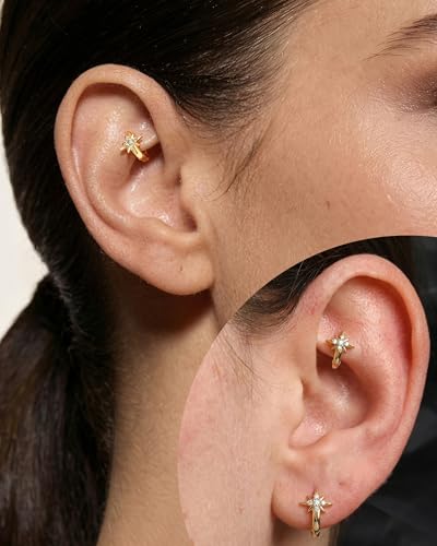 Clicker Rook Earrings, 20G Star Rook Piercing Jewelry, Stainless Steel Helix lobe Earrings Silver/Gold - color: YG-6MM