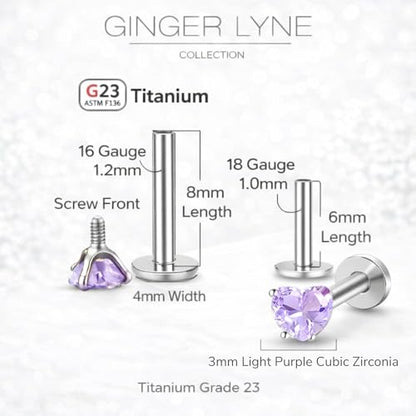 Titanium Heart CZ Labret Stud Earrings for Piercings by Ginger Lyne 6Pc Set G23 Screw Front Flat Back Body Jewelry 2 pair post 6mm, 8mm Cartilage, Helix, Tragus, Lip, Conch, Lobe - color: 3mm-LtPurple