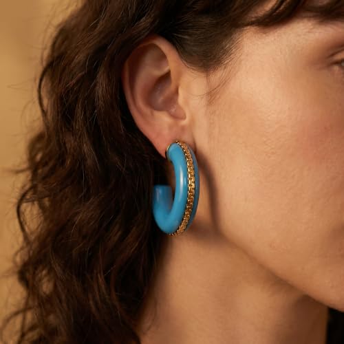 Gold Plated Resin Chunky Hoop Earrings Hypoallergenic Push Back Hoops for Sensitive Ears - color: Sky Blue