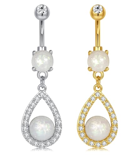QWALIT Belly Button Ring Silver Gold Belly Rings Surgical Stainless Steel Belly Button Rings for Women Belly Button Piercing Jewelry Hypoallergenic Dangle Belly Button Ring Clicker Belly Ring Dangling - style: E6-Dangle- opal