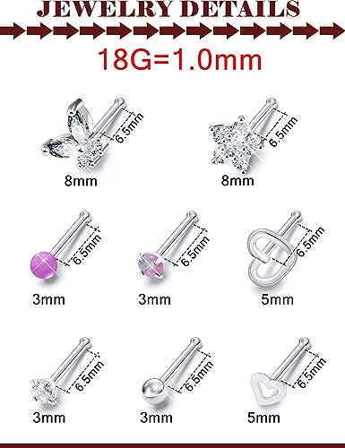 Prjndjw 20G 18G Nose Rings Studs Surgical Steel Nose Stud Glow Dark Heart Opal CZ Flower Nose Piercing Jewelry Nose Rings for Women Straight Screw L Shaped Nose Rings Hypoallergenic Nose Piercing Kit - color: 18G-Straight Bar Nose rings