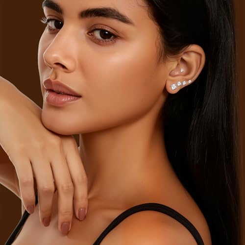 6 Pairs Cubic Zirconia Stud Earrings for Women/Men - Round Cut 4 Prong Settings 18K Gold Plated Hypoallergenic 3-8mm Clear Earrings Set - color: 3-7mm White Gold - Square 4 Prong