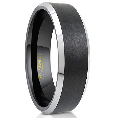 Classic Modern Minimalist 6mm/8mm Brushed Satin Finish Black Tungsten Carbide Band Ring w/Brilliant Polished Silver Beveled Edges feat. Comfort Fit Inner Band.