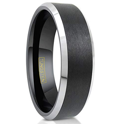 Classic Modern Minimalist 6mm/8mm Brushed Satin Finish Black Tungsten Carbide Band Ring w/Brilliant Polished Silver Beveled Edges feat. Comfort Fit Inner Band.