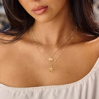 Shell Starfish Charm for Women, Dainty Layered 14K Gold Plated Seashell Conch Starfish Pearl Pendant Necklace for Women Stack Trendy Beach Cuban Link CZ Chain Necklace Summer Vacation Jewelry - color: 2PCS / Starfish & Shell Pearl