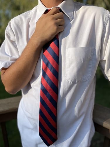 tiemart Men's Striped Tie Standard Length - color: Crimson Red and Navy