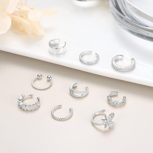 9Pcs Ear Cuff 14K Gold Plated Cuff Earrings Gold Ear Cuffs Non Pierced | Fake Conch Cartilage Earrings Ear-Clips Minimalist Non Piercing Delicate Clip-on Ear Cuffs Stackable Set - style: A-9pcs-Silver