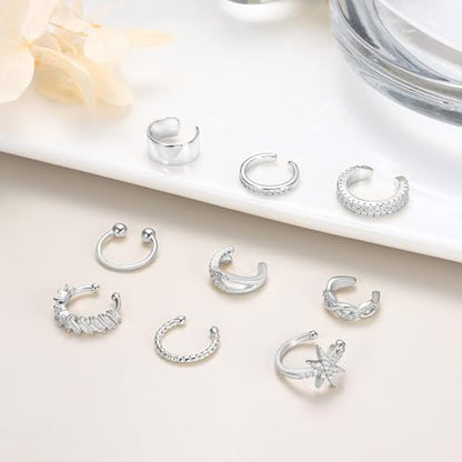 9Pcs Ear Cuff 14K Gold Plated Cuff Earrings Gold Ear Cuffs Non Pierced | Fake Conch Cartilage Earrings Ear-Clips Minimalist Non Piercing Delicate Clip-on Ear Cuffs Stackable Set - style: A-9pcs-Silver