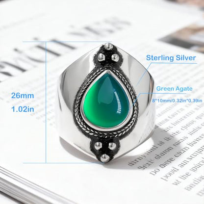 Natural Waterdrop Stone Wide Band Ring,Sterling Silver Genuine Teardrop Crystal Quartz Gemstone Statement Wide Chunky Full Finger Band Ring for Women - color: A04_Green Agate