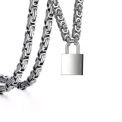 Heart Padlock Collar Stainless Steel Lock Necklace Byzantine Chain Necklace Locking Collar Choker for Men Women Jewelry - style: C