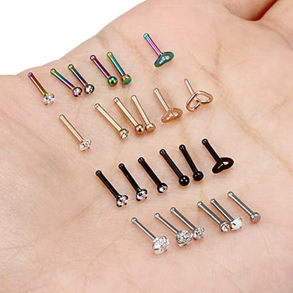 18G 20G Nose Rings Piercings Hypoallergenic Nose Studs 316L Surgical Steel Heart Nose Rings L Shaped Straight Screw Nose Piercing Jewelry for Women Men Silver Black Rose Gold Colorful - color: 20G Mix Color-Straight Shaped