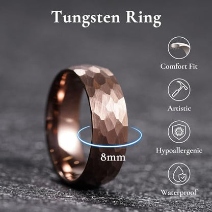 King Will Men's Tungsten Carbide Wedding Ring Hammered Groove Wedding Band Mens Two Tone Engagement Ring for Men and Women Matte Brushed Finish Comfort Fit - color: Brown 8mm