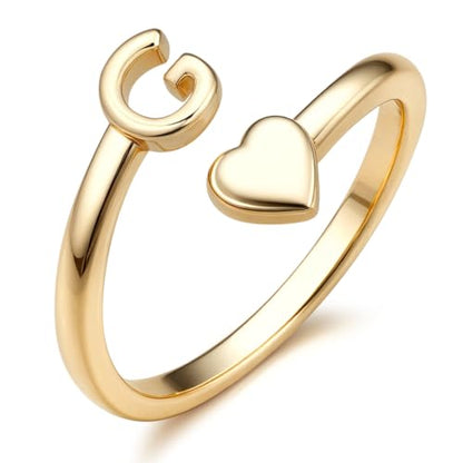 FUNRUN JEWELRY Gold Initial Ring for Women Non Tarnish 14K Gold Plated | Adjustable Letter Rings A-Z Dainty Heart Alphabet Stackable Band Rings Trendy Capital Letter Pinky Knuckle Thumb Ring - style: G Initial Ring
