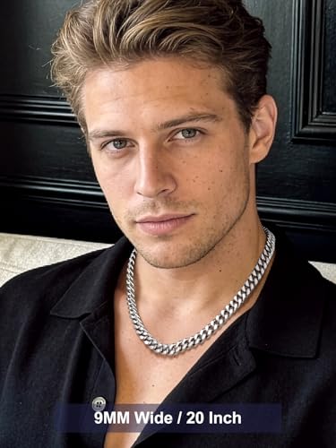 Bandmax Men's Premium Solid Stainless Steel Miami Cuban Link Chain Necklace | Waterproof Tarnish Resistant Chain, Silver Finish/Gold/Black Plated, Easy-open Clasp, 5/7/9/12MM, 18-30 Inches, With Gift Box - color: 07 9MM-Silver Tone, size: 20 Inch (51cm)