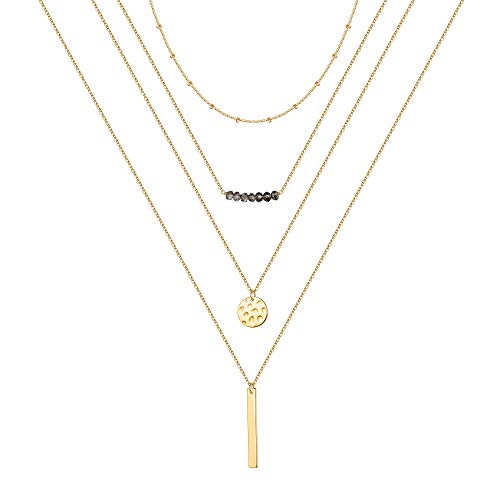 Turandoss Gold Layered Necklaces for Women - 14K Gold Plated Handmade Multilayer Bar Pearls Coin Disc Moon Butterfly Medallion Adjustable Dainty Layered Choker Necklaces for Women Jewelry - style: 4 Layered Necklace - Chain&Beads&Bar&Hammered Disc&Bar