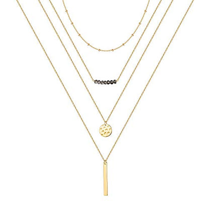 Turandoss Gold Layered Necklaces for Women - 14K Gold Plated Handmade Multilayer Bar Pearls Coin Disc Moon Butterfly Medallion Adjustable Dainty Layered Choker Necklaces for Women Jewelry - style: 4 Layered Necklace - Chain&Beads&Bar&Hammered Disc&Bar