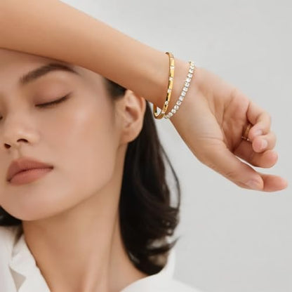 Stackable Gold Bracelets for Women - 2Pcs 18K Gold Plated Cubic Zirconia Bangle Bracelet Friendship Tennis Bracelet Stack Jewelry,Party Christmas Birthday Gift for Girlfriend Sister Wife Daughter - style: Gold Set_3