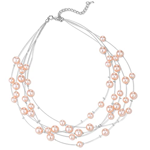 FULU AUTUMN Layered Pearl Necklace Multi-strand Pearl Choker Necklaces for Women Beaded jewelry for Wedding Parties - color: Pink