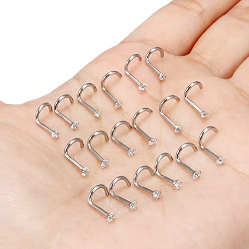 18G 20G 22G Nose Rings Studs with Cubic Zirconia 316L Surgical Steel Straight Screw L Shaped Nose Studs Piercing Jewelry for Women Men Girl CZ 1.5mm 2mm 2.5mm 3mm 20Pcs - color: B:18G Screw- Silver 2mm