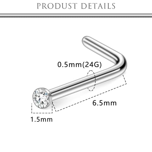 Hoeudjo Nose Studs Surgical Steel Cubic Zirconia Nose Rings Kit for Women Men Tiny Nose Stud Bone & Screw & L Shaped Nostril Piercing Jewelry 18/20/22/24 Gauge 10 Pieces - color: silver-tone,L-shaped nose studs, size: 24g/1.5mm clear CZ
