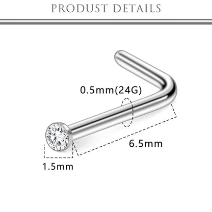 Hoeudjo Nose Studs Surgical Steel Cubic Zirconia Nose Rings Kit for Women Men Tiny Nose Stud Bone & Screw & L Shaped Nostril Piercing Jewelry 18/20/22/24 Gauge 10 Pieces - color: silver-tone,L-shaped nose studs, size: 24g/1.5mm clear CZ