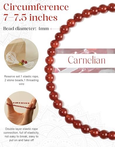 Natural Stone Beaded Bracelets for Men Women, 4mm 6mm 8mm | Healing Crystal, Protection Gemstone, Gift Packaging with Energy Card, Stretch Jewelry, Replacement Beads Included, 18 Stone - color: Carnelian(Luck & Vitality), size: 4mm