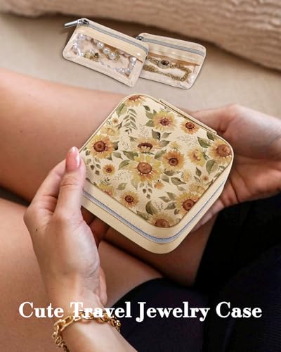 Bistup Travel Jewelry Case - Small Jewelry Organizers and Storage Box for Women Girls Teens Cute Traveling Jewelry Holder with Mirror Little Tiny Compact Modern Unique Aesthetic Pretty, Sunflower - style: Sunflower