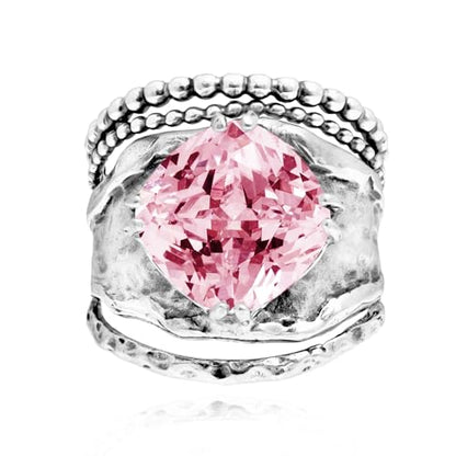 JEAN RACHEL JEWELRY 925 Sterling Silver Prong Solitaire Ring | Raised crown engagement style ring mounting a precision faceted brilliant Cubic Zirconia solitaire over stacked silver rows. - color: Pink CZ
