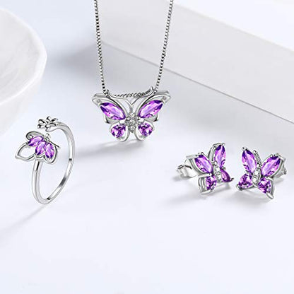 Aurora Tears Butterfly Jewelry,Women 925 Sterling Silver Butterflies Birthstone Pendant Necklace/Earrings/Rings Wedding Gift - color: B.February-set 2