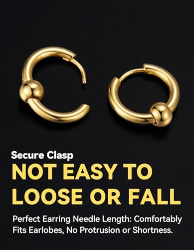 ChainsHouse Stud Earrings for Men Women,316L Stainless Steel/14K Gold/Black Plated Metal, Punk Hypoallergenic Surgical Huggie Hoop Earrings Mens Jewelry Piercing Hoop Earrings - style: B: Gold-Bead Hoop(1 Pair)