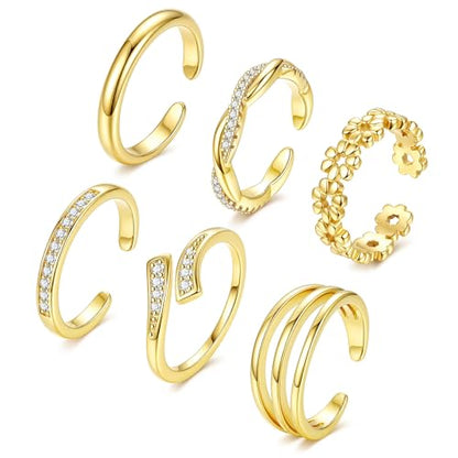 NICEIGHT 6Pcs 14K Gold Filled Toe Rings for Women Non Tarnish Silver Flower Hug Band Toe Rings Simple Adjustable CZ Twist Toe Ring Summer Beach Foot Jewelry for Women - color: Gold B
