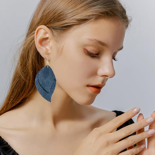 Genuine Leather Handmade Fringe Feather Lightweight Dangle Drop Earrings Teardrop Tassel Hook Earrings for Women - style: 5 Blue