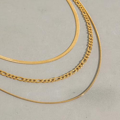 Gold Plated Triple Strand Multi-Layer Snake Figaro Chain Necklace | Non Tarnish Stainless Steel Necklace for Women, Three Layer Chain Necklaces,Versatile Minimalist Style