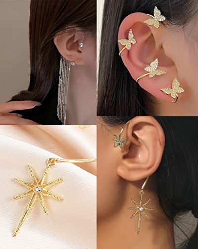 Tornito 4Pcs Butterfly Long Tassel Ear Cuff Dangle Chain Earrings Wrap Crawler CZ Ear Clip Wrap Around Fake Earrings for Women Silver Gold Tone Right Ear - color: B:Gold Tone(Right Ear)