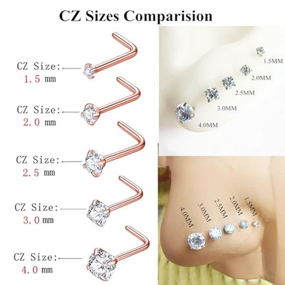 316L Surgical Steel 22g/20g/18g Nose Rings Studs L-Shape Nose Nostrial Piercing Body Jewerly L Shaped Nose Studs 1.5mm 2mm 2.5mm 3mm CZ Nose Screw Studs Rings for Women - style: 6pcs/L-shape/18g/1.5mm Clear CZ/Rose Gold