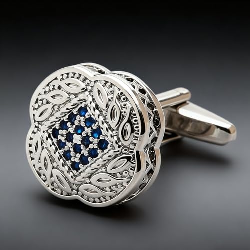 Men's Cufflink Set, Silver with Blue Zircon, Comes with a Gift Box, Can be Used as Accessories and Gifts. Add Color to your Clothes.