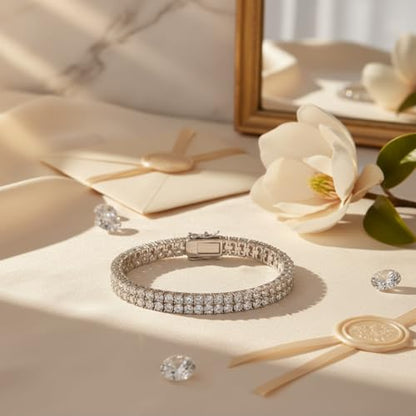 2 Rows Tennis Bracelets for Women Men - 18K Yellow Gold Plated 3mm Round Cut Cubic Zirconia Classic Tennis Bracelet, Size 6.5-8.5 Inch - color: White Gold - 2 Rows, size: 8.5 inch