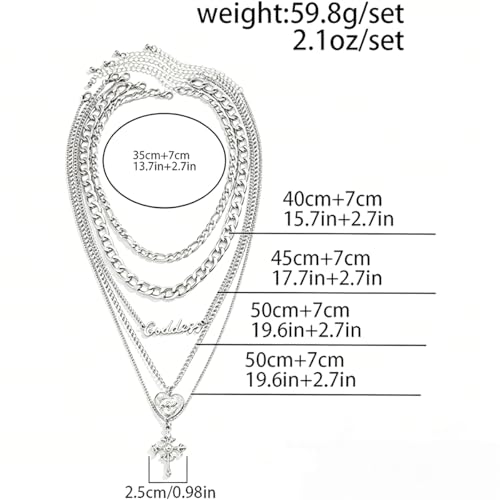 GYRMMUE 5 Pcs Chunky Gold Layered Necklaces Set for Women Heart Locket Coin Cross Pendant Necklaces Punk Hip Hop Charm Necklace Goddess Style Stacked Chain Necklace Christian Faith Jewelry - color: Silver