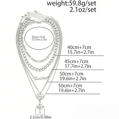 GYRMMUE 5 Pcs Chunky Gold Layered Necklaces Set for Women Heart Locket Coin Cross Pendant Necklaces Punk Hip Hop Charm Necklace Goddess Style Stacked Chain Necklace Christian Faith Jewelry - color: Silver