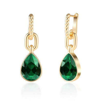 Crystals Teardrop Dangle Drop Earrings, 18K Gold Plated Hoop Earrings Zirconia Jewelry for Women Gifts - color: Green-Long