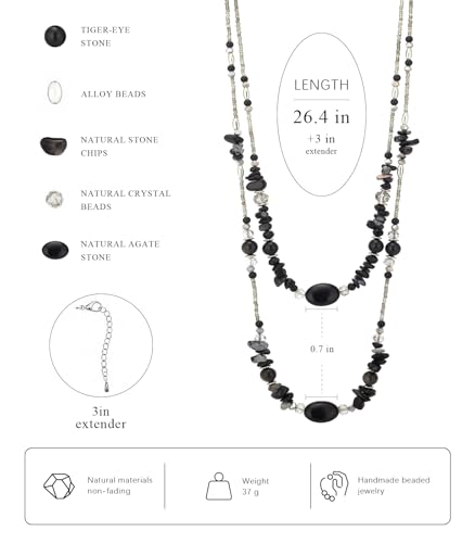 Noessla Boho Long Beaded Necklaces for Women Double Layer Chunky Irregular Stone Beads Strand Statement Jewelry Mothers Day Gifts - color: Black