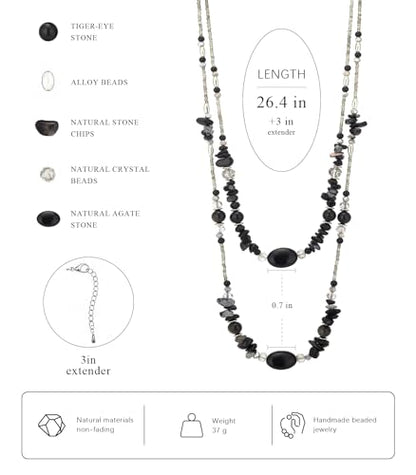 Noessla Boho Long Beaded Necklaces for Women Double Layer Chunky Irregular Stone Beads Strand Statement Jewelry Mothers Day Gifts - color: Black