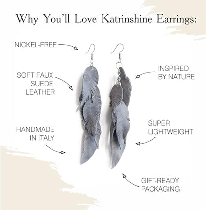 Leather Feather Earrings, Suede layered earrings, boho wedding jewelry, summer earrings, gift for her, dangle earrings - color: grey
