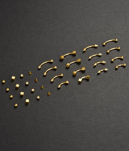 16Pcs Eyebrow Piercing Jewelry 16G Surgical Steel Curved Barbell Vertical Labret Lip Navel Belly Button Tongue Rings Rook Daith Tragus Earring for Women Men Silver Gold Tone 6mm/8mm/10mm/12mm - color: A-Gold