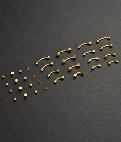 16Pcs Eyebrow Piercing Jewelry 16G Surgical Steel Curved Barbell Vertical Labret Lip Navel Belly Button Tongue Rings Rook Daith Tragus Earring for Women Men Silver Gold Tone 6mm/8mm/10mm/12mm - color: A-Gold